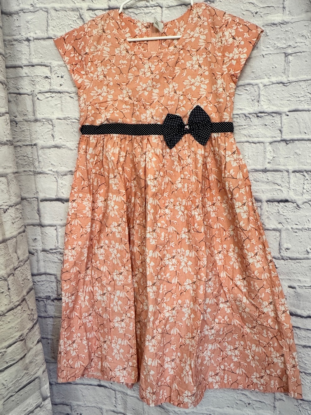Roxy/Grace Peach Floral Fit-and-Flare Dress with Black Polka Dot Bow size 17/18y